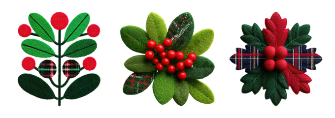 Festive craft patchwork quilt embroidery with textured green leaves and red berries evoking cozy handmade holiday cheer