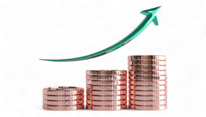 Rose Gold Coin Stacks with Emerging Emerald Green Arrow. 3D Financial Growth and Upward Momentum. Hyper-Realistic Wealth and Profit Symbol.