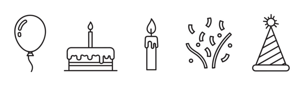 A set of five minimalist line icons for a birthday party, including a balloon, cake with one candle, a single lit candle, confetti, and a striped party hat in a simple outline style