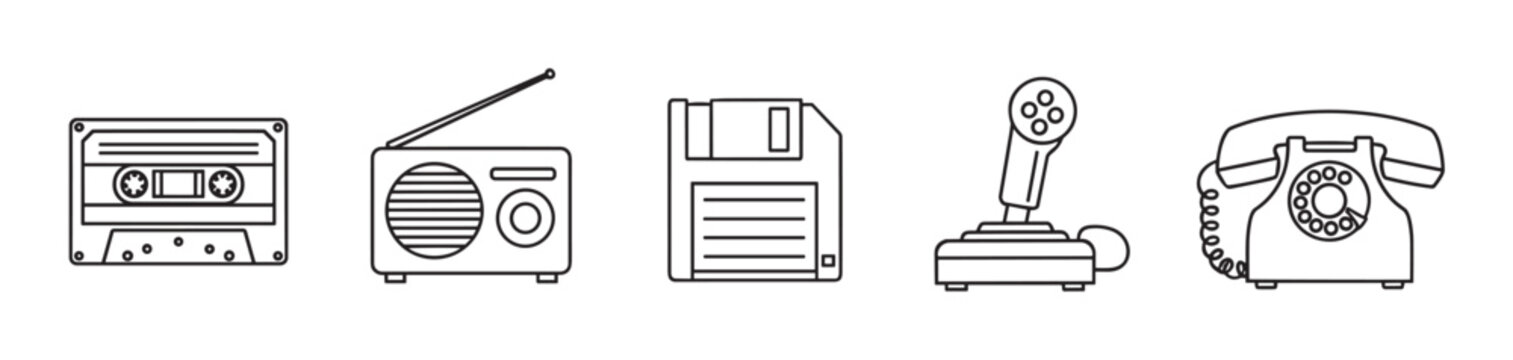 A collection of retro technology icons including a cassette tape, radio, floppy disk, joystick, and rotary telephone, depicted in a minimalist black and white line art style