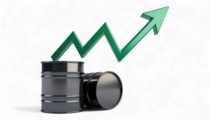 Graphite Oil Barrels with Ascending Emerald Green Arrow. 3D Oil Market Trends and Financial Growth. Hyper-Realistic Energy Sector Investment Icon.
