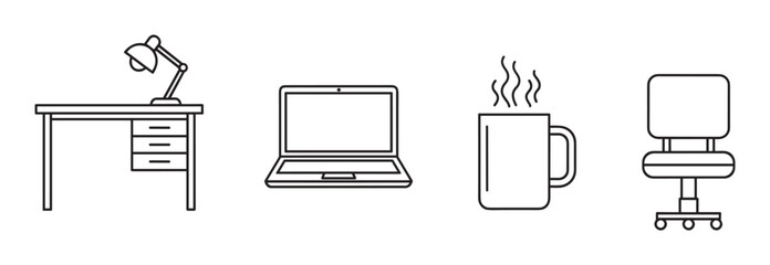 A set of four minimalist line art icons representing a home office or workspace, including a desk with a lamp, a laptop, a steaming mug, and a swivel chair