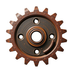 Old rusty metal gear wheel with circular holes, industrial style, isolated on white, vintage mechanical part