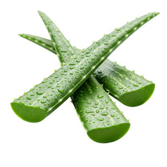 Fresh aloe vera leaves with water droplets isolated on transparent background