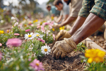 hands of a dedicated gardener wearing dirty gloves, planting daisies and other colorful flowers in rich earth. Themes of environmental conservation, community volunteering, teamwork, springtime growth