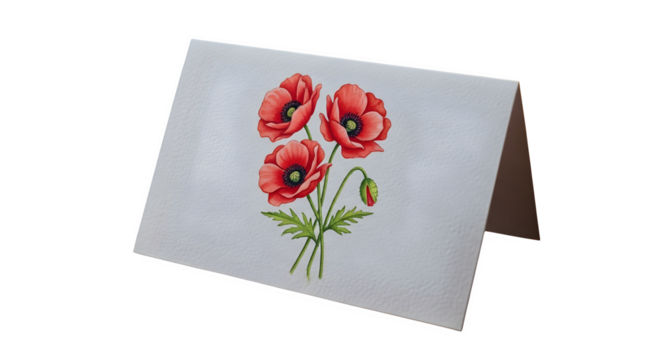 Greeting card with red poppy flowers isolated on transparent background