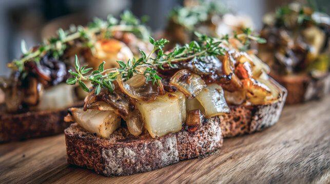 savory tartines topped with sweet, sautéed, and caramelized onions, with fresh thyme sprigs. Served on a dark wood cutting board. Themes of gourmet appetizers, rustic dining, chef preparation