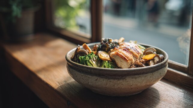 Buddha bowl or power bowl featuring grilled chicken, roasted carrots, broccoli, mushrooms over base of mixed grains on a sunlit wooden windowsill, promoting clean eating and healthy lunch ideas.