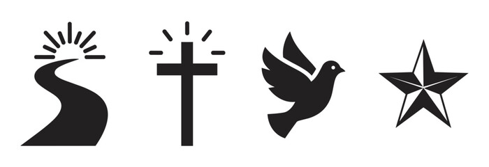 A set of four black silhouette icons representing Christian faith and spirituality, with a path to light, a glowing cross, a flying dove, and a guiding star