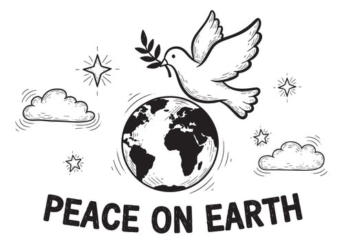A charming doodle-style drawing of a dove holding a leafy branch above the globe, surrounded by stars and clouds, with a hopeful message of global peace written below