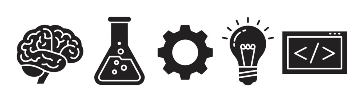 A collection of graphic symbols for STEAM concepts, showing a brain, laboratory flask, mechanical cog, shining light bulb, and a software development code window