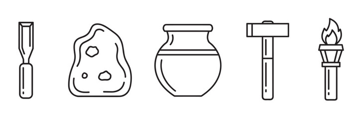 A collection of simple outline icons depicting prehistoric and ancient civilization items, including a stone, chisel, clay pot, hammer, and a flaming torch in a linear style