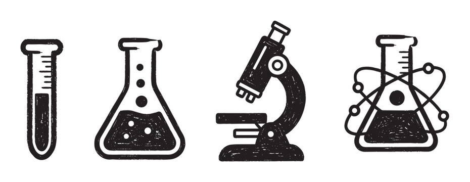 A collection of scientific laboratory equipment illustrations, including a test tube, beaker, microscope, and atomic flask, rendered in a rough, sketched black ink doodle style