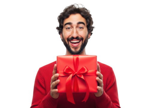 Joyful man with beard wearing a red sweater holding a bright red gift box tied with a satin ribbon isolated on transparent background