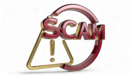 Polished Ruby Red SCAM Sign with Gold Warning Triangle isolated on transparent background. 3D Hyper-Realistic Fraud Alert Symbol. Elegant Cautionary Warning Sign Icon.