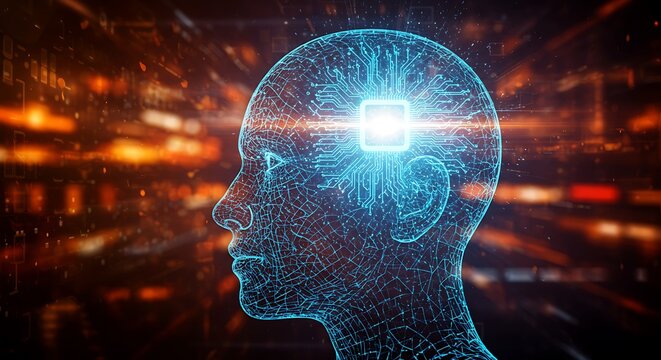 Digital human head silhouette made of glowing blue particles, with a bright glowing microchip inside the brain, against a blurred background of digital data - Powered by Adobe