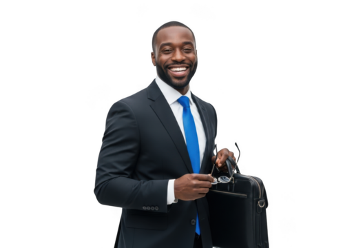 Smiling african american businessman in a sharp dark suit and bright blue tie holding his jacket isolated on transparent background - Powered by Adobe
