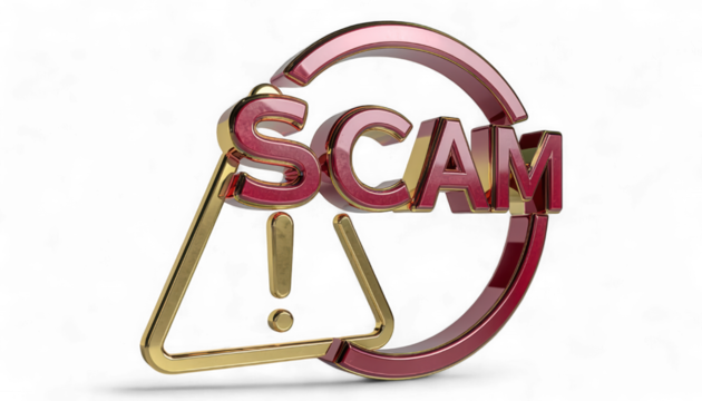 Polished Ruby Red SCAM Sign with Gold Warning Triangle isolated on transparent background. 3D Hyper-Realistic Fraud Alert Symbol. Elegant Cautionary Warning Sign Icon.