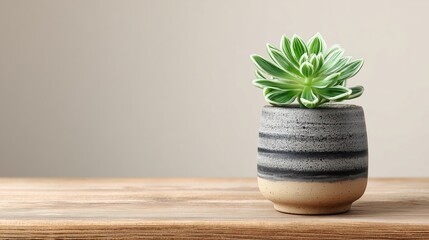 Small green succulent plant in a striped ceramic pot on a wooden surface with a plain beige background.