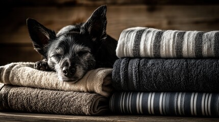 Small black dog resting on folded beige towel next to stacked gray and black towels indoors.