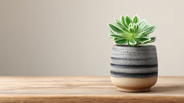 Small green succulent plant in a striped ceramic pot on a wooden surface with a plain beige background.