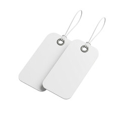 Two blank white tags with string isolated on transparent background for mockups