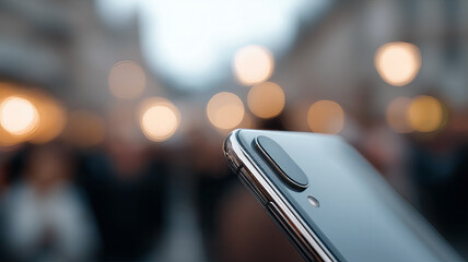 A smartphone with a camera against a city background with blurred bokeh, used as a design backdrop.