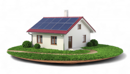 Luxurious Eco Friendly House with Crimson Roof and Solar Panels. 3D Hyper-Realistic Sustainable Home Icon. Elegant Green Energy Residence.