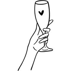 Hand Holding cute Champagne Glass with Heart Illustration playful hand drawn