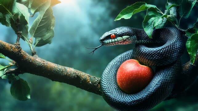 In a captivating and mystical forest setting, a mysterious snake is entwined around a forbidden apple