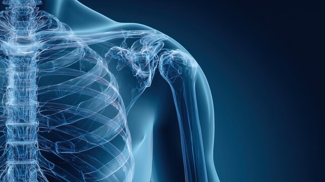 X-ray image of a human upper torso showing ribs, shoulder joint, and upper arm bones in blue tones.