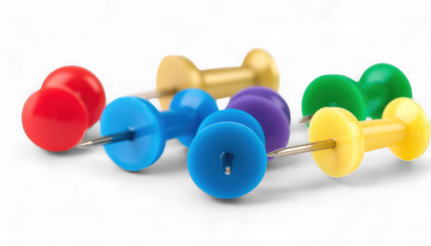 Colorful Faceted Pushpins in Ruby Red and Sapphire Blue isolated on transparent background. Glossy Metallic Office Push Pin Set. Hyper-Realistic Collection of Six Map Pins.