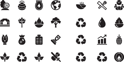 Set of Black Silhouette Environmental and Business Icons on White Background