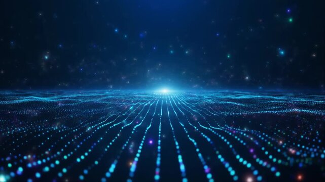 Dynamic abstract digital landscape featuring glowing blue and purple particles forming a futuristic data stream, symbolizing advanced technology and interconnected networks