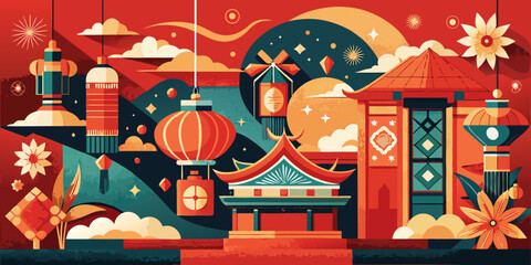 Happy birthday party card with traditional red oriental lanterns and ancient temple architecture from Asia