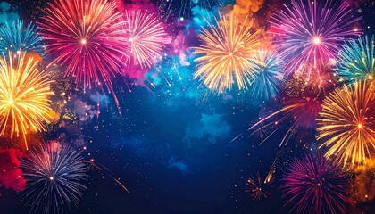 Spectacular bursts of vibrant fireworks light up the night sky in a dazzling celebration, perfect for festive events or holiday promotions