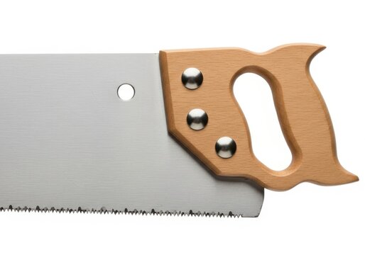 Close up of a vintage wooden handled hand saw blade