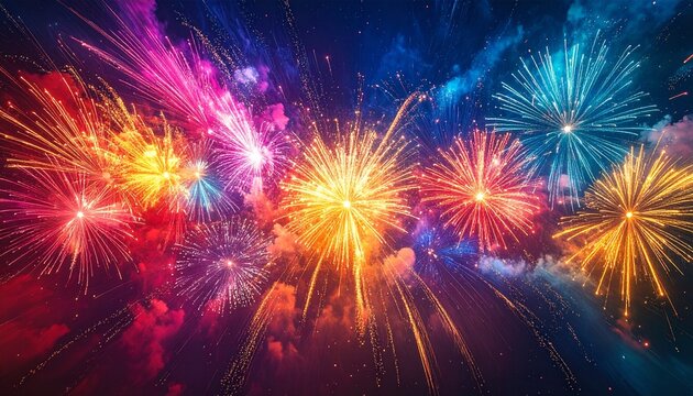 Stunning vibrant fireworks display lighting up the night sky with colorful explosions and sparkling trails, perfect for celebrations and festive events