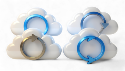 Set of Four 3D Cloud Icons with Download and Upload Arrows. Hyper-Realistic Cloud Computing and Storage Symbols. Polished Semi-Transparent Cloud Icons.