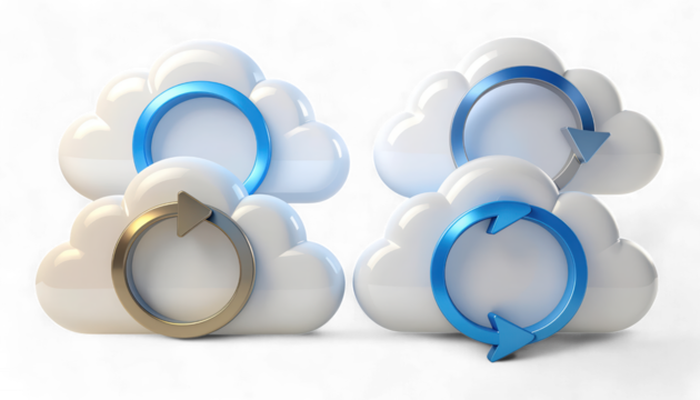 Set of Four 3D Cloud Icons with Download and Upload Arrows. Hyper-Realistic Cloud Computing and Storage Symbols. Polished Semi-Transparent Cloud Icons.
