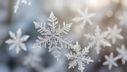 Delicate snowflakes float in soft winter light, revealing their intricate frozen patterns and shimmering details, creating a gentle scene filled with cold beauty, airy calmness