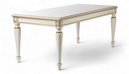 Elegant Square Topped Dining Table with Sculpted Legs. Hyper-Realistic 3D White Lacquer Furniture. Polished Modern Kitchen Table Icon.
