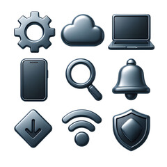 Modern 3d metallic web and application interface icons set including settings, cloud, laptop, mobile, search, notification, download, wifi, and security shield symbols