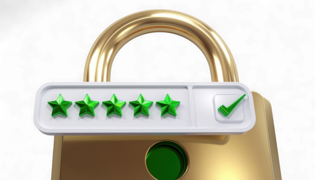 3D Login Interface with Gold Padlock and Green Checkmark. Hyper-Realistic Security and Authentication Icon. Elegant Password Input Field.