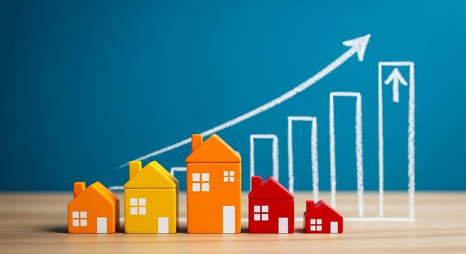 Colorful toy house models and bar graph showing real estate market growth - Powered by Adobe