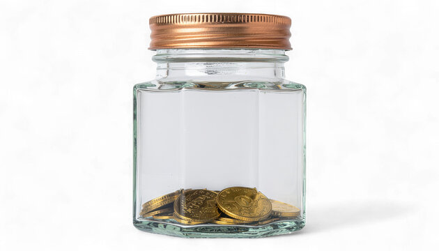 Glass Jar Filled with Stacked Golden Coins. Hyper-Realistic 3D Money Saving and Wealth Icon. Elegant Rose Gold Lid Container. - Powered by Adobe
