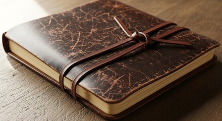 Vintage Leather Bound Journal with Strap Closure on Wooden Surface.