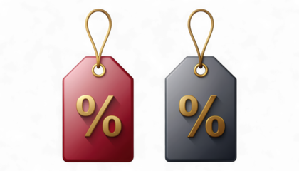 Ruby Red and Charcoal Grey Discount Tags with Gold Percent. Hyper-Realistic 3D Sale Price Labels. Elegant Polished Metallic Sale Tags.