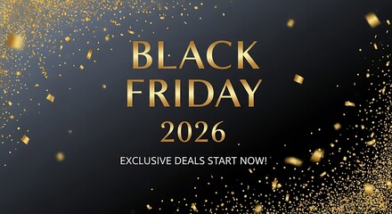 Golden Black Friday 2026 sale announcement with sparkling confetti for festive holiday shopping promotions and exclusive deals, grab them now