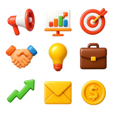 Business communication, growth, and finance 3d icon set. essential elements for strategy, success, and innovation.